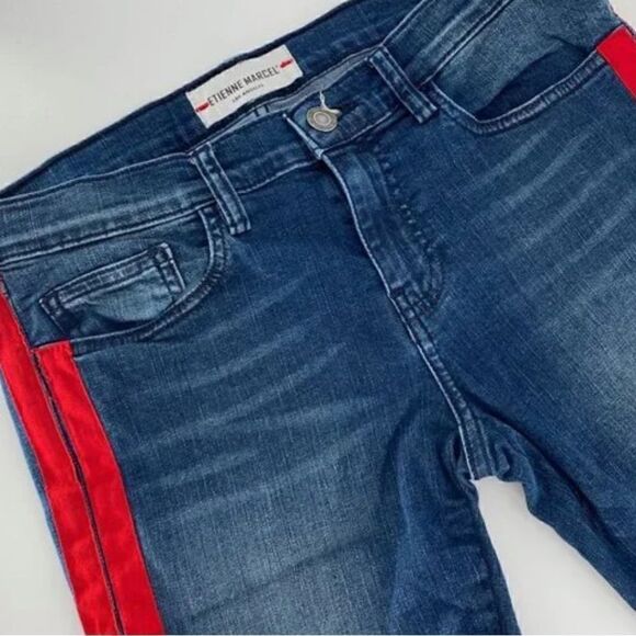 Etienne Marcel Tammy Side Stripe Skinny Double Red Ribbon High Low Raw Hem Jeans - Picture 3 of 8